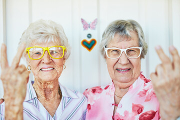 The coolest residents on the block. Portrait of two happy elderly women wearing funky glasses at home.