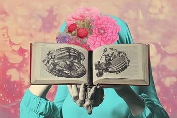 Hand holding book icon w/ words inside; brain reading amidst colorful, vintage-style surrealist canvas poster. Generative AI