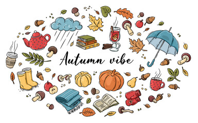 Autumn doodles. Hand drawn set of sketches. Isolated objects on white background. Set of cute stickers for daily planner - 599566392