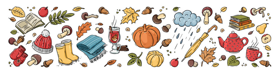 Autumn horizontal doodles banner. Hand drawn set of sketches. Isolated objects on white background.