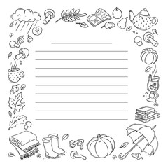 Autumn coloring doodles. Black and white Daily square planner sheet