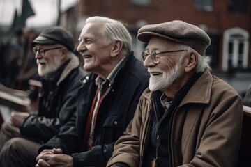 Senior male friends sitting on park bench and spending time together. Generative AI