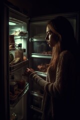 Young woman with anxiety opens the refrigerator in the middle of the night. Generative AI vertical shot