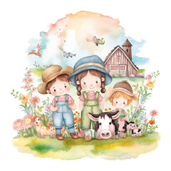 Cute kids on the farm Watercolor Png Art For Sublimation Design, Generative AI