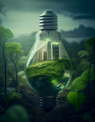 Green city with large trees and modern tall buildings inside light bulb. Concept of sustainable and eco-friendly urban development, where technology and nature coexist in harmony. Generative AI.