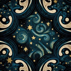 A seamless pattern with stars and swirls on a dark background Created using generative AI tools