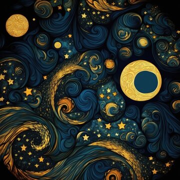 A blue and gold illustration of a moon and stars Created using generative AI tools