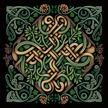 A green and gold Celtic design with a snake Created using generative AI tools