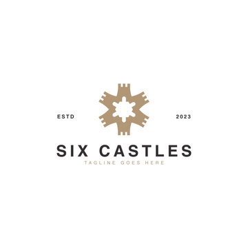 luxury six castles iconic logo design vector ideas. silhouette six palace  logo business vector design template. modern royal flower logo design vector 