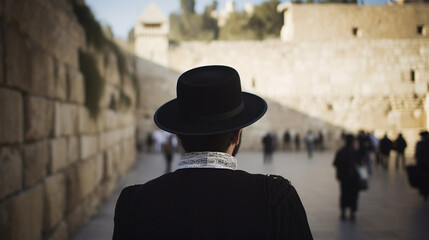 Orthodox Jewish man visiting the Western Wall . Generative AI