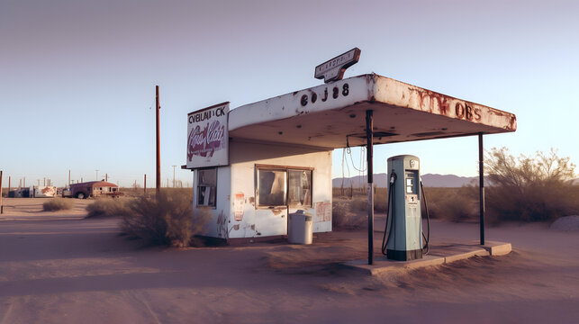 Illustrative drawing of an abandoned gas station on the desert road. Generative AI.