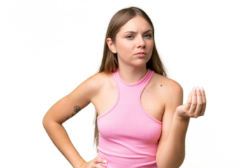 Young beautiful blonde woman over isolated background making Italian gesture