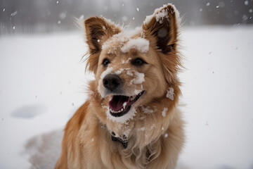Fototapeta na wymiar Happy dog in heavy snow created with Generative AI technology
