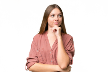 Young beautiful blonde woman over isolated background thinking an idea while looking up