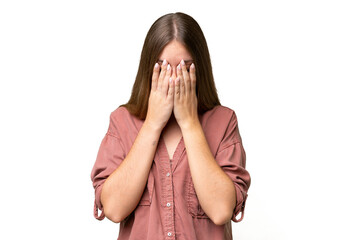 Young beautiful blonde woman over isolated background with tired and sick expression