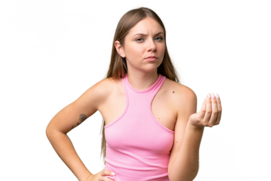 Young beautiful blonde woman over isolated background making Italian gesture