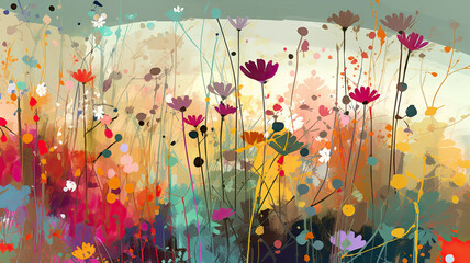 Colorful flower illustration, Abstract meadow - Generative AI - AI generated