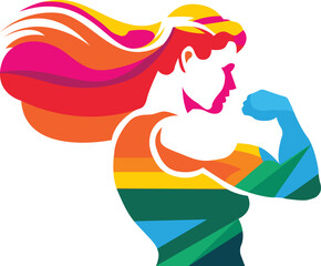 Woman flexing her biceps, rainbow bright colors illustration