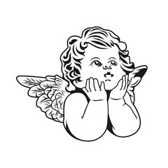A black and white drawing of a cupid with wings and a white background.