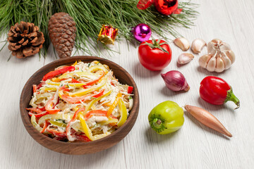 front view tasty chicken salad with mayyonaise and vegetables on white desk meat fresh meal snack salad