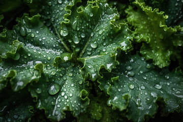 Close up fresh Kale salad leaves with water drops texture. Generative AI - obrazy, fototapety, plakaty