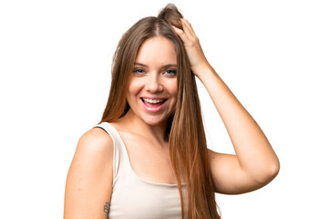 Fototapeta premium Young blonde woman over isolated chroma key background with happy expression. Close up portrait