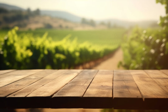 Empty Wooden table in vineyards at summer with grapes blurred background with copy space , AI Generated