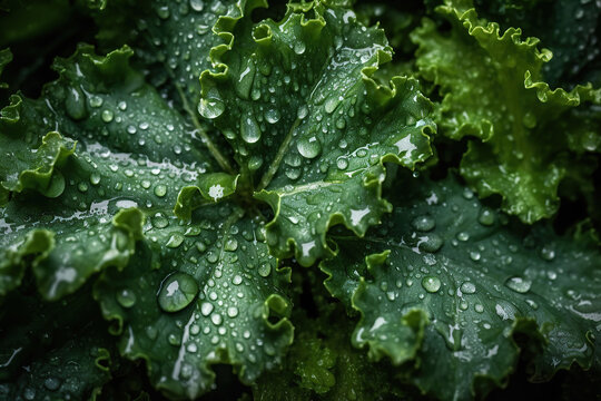 Close up fresh Kale salad leaves with water drops texture. Generative AI