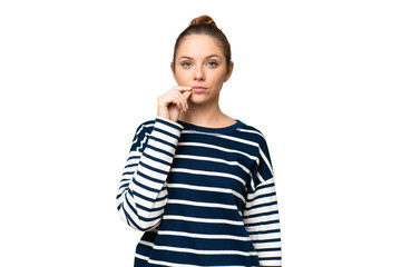 Young blonde woman over isolated chroma key background showing a sign of silence gesture