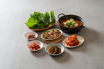Korean food dish meal kimchi soup soy bean paste soup Grilled Pork Belly Spicy Mixed Noodles Spicy...