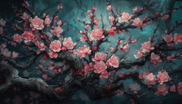 a painting of pink flowers on tree branches, Generative Ai