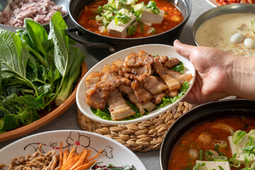 Korean food dish meal kimchi soup soy bean paste soup Grilled Pork Belly Spicy Mixed Noodles Spicy jjolmyeon cold bean-soup noodles