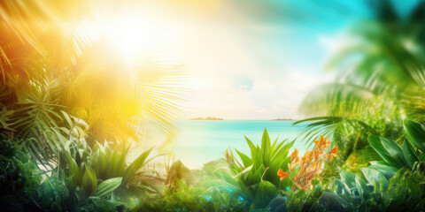 Fototapeta na wymiar Blurred beautiful summer sea beach background. Green palm leaves on tropical beach with sun bokeh lights, abstract nature background. Generative ai illustration