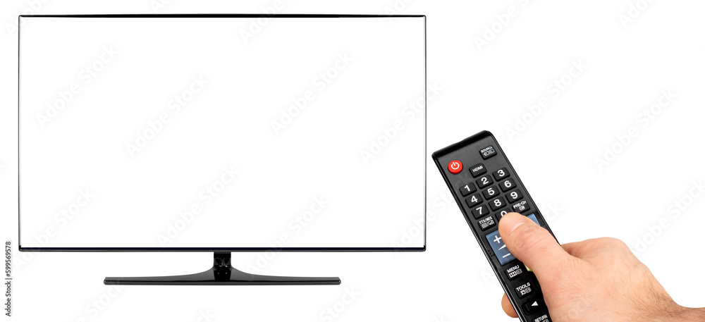 Wall mural hand with remote and black flat tv screen computer monitor display panel with blank empty picture as