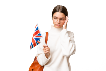 Teenager student caucasian girl holding an United Kingdom flag over isolated background with headache