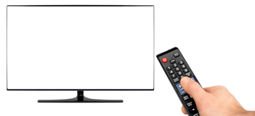 hand with remote and black flat tv screen computer monitor display panel with blank empty picture as design pattern. multimedia  television isolated white background
