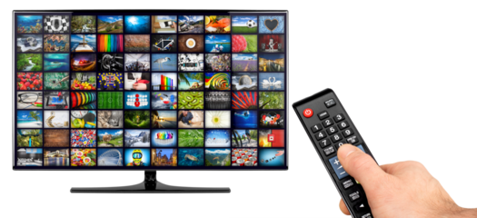 hand with remote and black flat tv screen computer monitor display panel with media picture streaming gallery television isolated white background