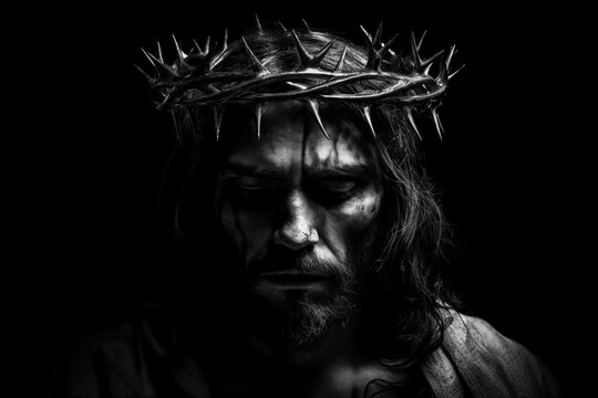 Jesus Christ. Crown of Thorns. Black and white portrait. High contrast. Generative AI