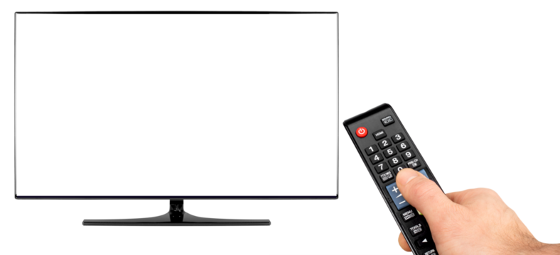 hand with remote and black flat tv screen computer monitor display panel with blank empty picture as design pattern. multimedia  television isolated white background
