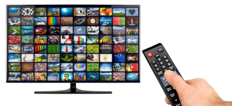 hand with remote and black flat tv screen computer monitor display panel with media picture streaming gallery television isolated white background