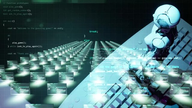  3d render animation of robot walking on keyboards meaning artificial intelligence take human job work programming computers in overlay technology scifi background