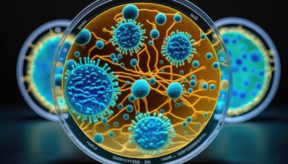 Bacteria and virus cells in Petri Dish created with Generative AI technology