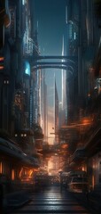 On the streets of a futuristic city with tall buildings and intricate architecture. Generative Ai.