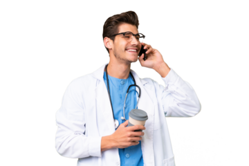 Young doctor man over isolated background holding coffee to take away and a mobile