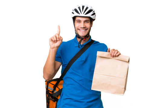 Young caucasian man taking a bag of takeaway food over isolated background pointing up a great idea