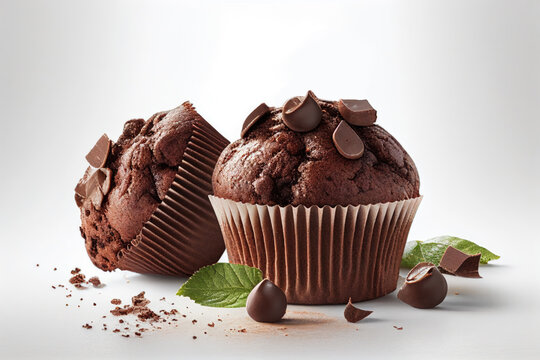 chocolate muffins on white created with Generative AI technology