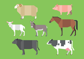 家畜イラストセット（ヒツジ、ブタ、ヤギ、ロバ、ウマ、ウシ）