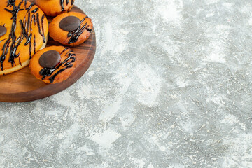 front view yummy cakes with chocolate and icing on white background cocoa biscuit pie dessert cake sweet cookie