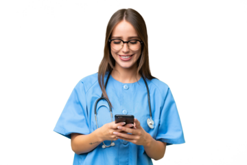 Young nurse caucasian woman over isolated background sending a message with the mobile