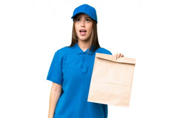 Young beautiful caucasian woman taking a bag of takeaway food over isolated background looking up and with surprised expression